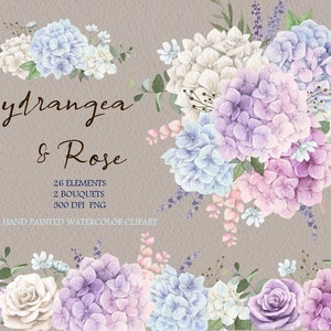 水彩アジサイの花のクリップアート、バラの花束、結婚式の招待状、DIY 要素 PNG、オリジナルの手描き