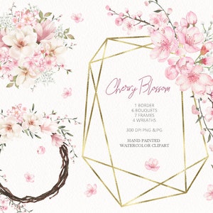 watercolor floral clipart,cherry blossom Bouquets,pink sakura frames&wreaths