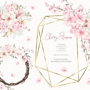 Clipart floral de acuarela, ramos de flores de cerezo, marcos y coronas de sakura rosa, pintados a mano originales