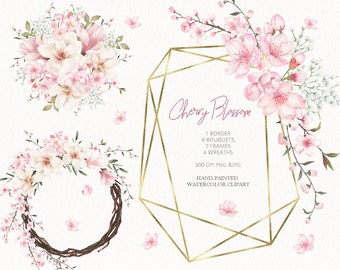 Aquarell Blumen Clipart,Kirschblüten Bouquets,rosa Sakura Rahmen&Kränze