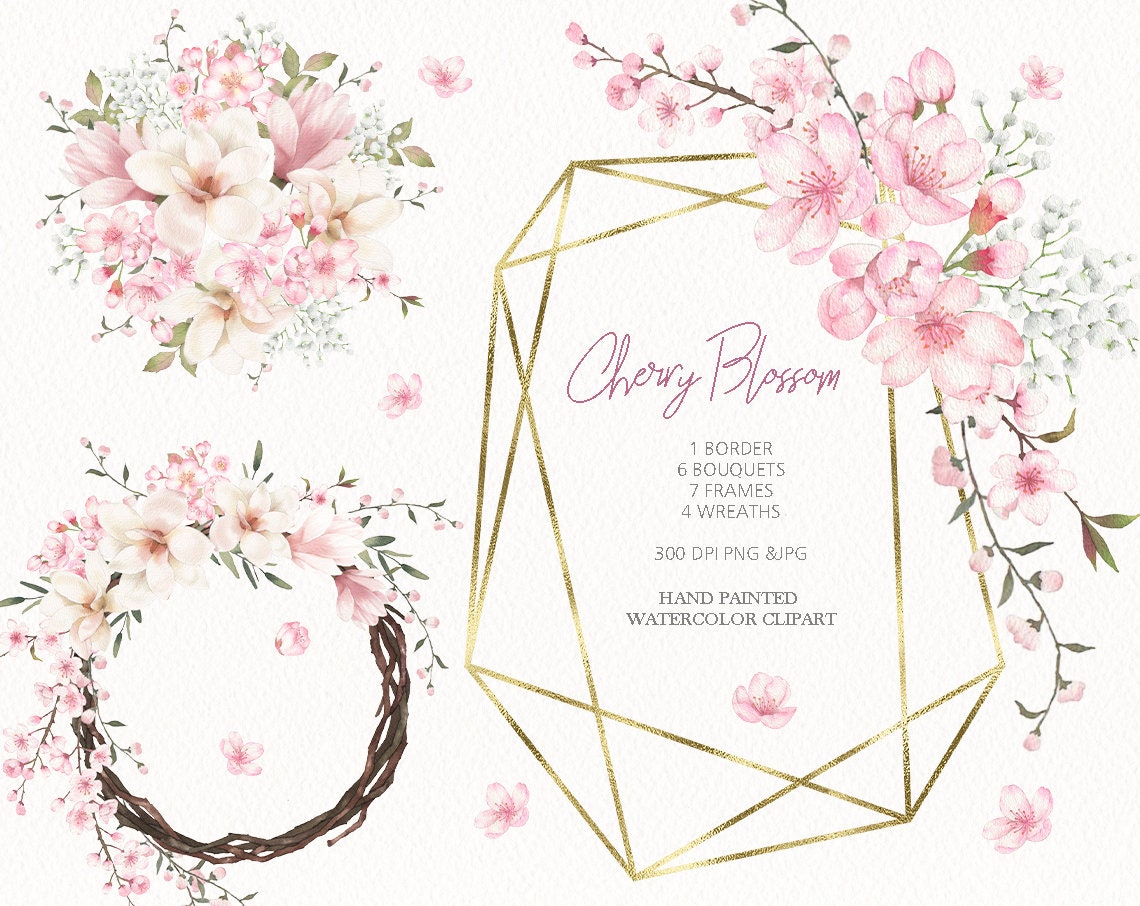 watercolor floral clipart,cherry blossom Bouquets,pink sakura frames&wreaths,original hand painted