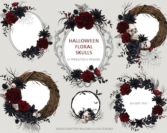 May include: Ten watercolor wreaths and frames featuring black and red roses, skulls, and spiderwebs. The text "Halloween Floral Skulls" and "Hand Painted Watercolor Clipart" are included in the image.
