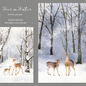 watercolor winter forest clipart,woodland animals,snow background