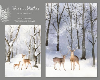 watercolor winter forest clipart,woodland animals,snow background,original hand painted