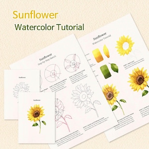 Puede incluir: Una guía de tutorial de acuarela de girasol que presenta instrucciones paso a paso, bocetos e ilustraciones en color. Las páginas muestran texto, dibujos lineales de girasoles y pinturas de acuarela terminadas con pétalos amarillos.