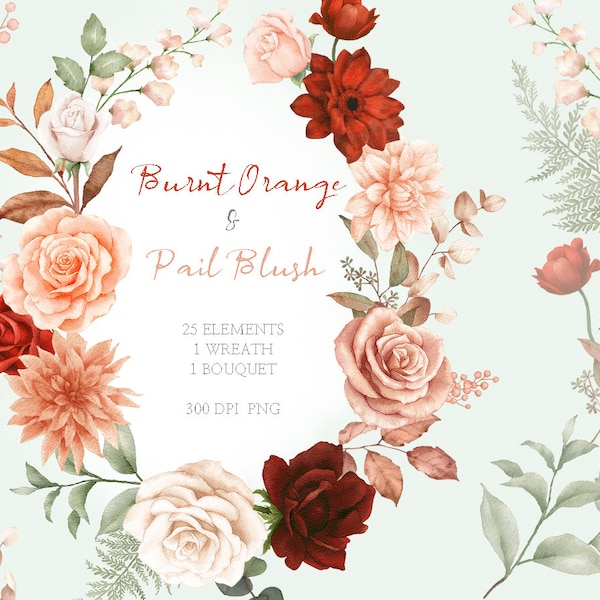 Watercolor Boho Floral Clipart rose burnt orange & pail blush Bohemian Rustic Bouquet Wedding Invitation