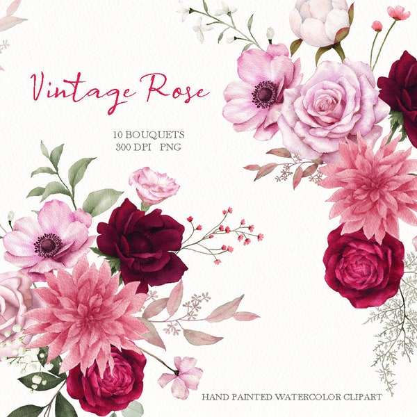 watercolor vintage rose clipart,rose bouquets,Dried flowers,grass leaf,bouquets PNG