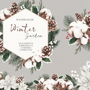 Clipart floral de inverno em aquarela, guirlandas de Natal, buquê de poinsétia, moldura de algodão, folhas de eucalipto, pinhas, original pintado à mão