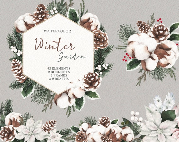 Watercolor Winter Floral Clipart,Christmas wreaths,Poinsettia bouquet,Cotton frame,Eucalyptus Leaves Pine Cones,original hand painted