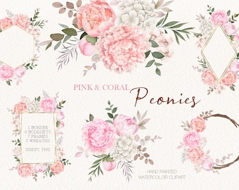 May include: Watercolor clipart set featuring pink and coral peonies, hydrangeas, and greenery. Includes 1 border, 9 bouquets, 7 frames, and 3 wreaths. 300 DPI PNG files.
