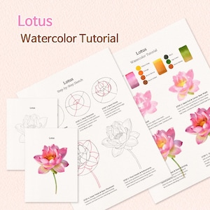 Peut inclure: Un guide de tutoriel d'aquarelle de lotus présentant des croquis étape par étape, des échantillons de couleurs jaune profond, orange, terre de Sienne brûlée, terre d'ombre brûlée, noir et vert sève, et des illustrations de lotus roses sur papier blanc.