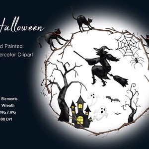 Aquarell Halloween Clipart, Hexenhut gruselig,Party Dekoration,Halloweenkränze,PNG,Original handgemalt