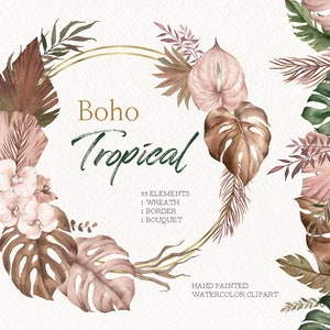 aquarela boho tropical clipart, Monstera e folha de palmeira, folha seca Boho, elementos DIY PNG