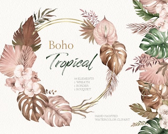 watercolor boho tropical clipart,Monstera and Palm Leaf,Bohemian dried leaf,DIY elements PNG