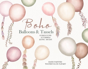 Watercolor boho Balloons Clipart,Baby Shower,original hand painted,balloons decor,Free Commercial Use