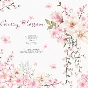 clipart floreale ad acquerello, bouquet di fiori di ciliegio, fiore di sakura rosa, dipinto a mano originale