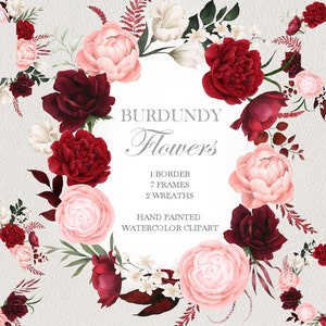 watercolor burgundy flower frame clipart,anemone peony border,greenery leaf,original hand painted