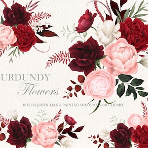 Burgunder Blumensträuße, Clipart, Aquarell Anemone Pfingstrose, Original handgemalt