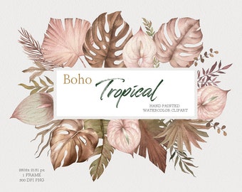 watercolor boho tropical clipart,Monstera and Palm Leaf,Bohemian dried leaf PNG,original hand painted