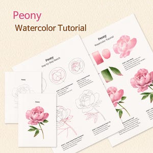 Puede incluir: Una guía de tutorial de acuarela de peonía con bocetos paso a paso e instrucciones de pintura. El documento incluye dibujos lineales de flores de peonía, muestras de color e ilustraciones terminadas en acuarela de peonías rosas con hojas.