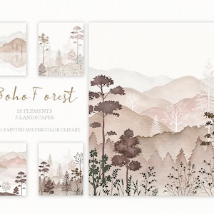 May include: Watercolor clipart set of 38 boho forest elements and 5 landscapes. The set includes trees, mountains, and foliage in shades of brown, pink, and white. The text "Boho Forest" is written in cursive.