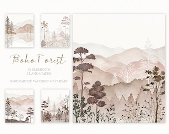 watercolor forest mountain clipart,woodland pine trees Landscapes,Wedding invitation PNG,original hand painted