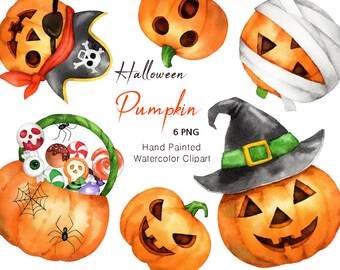 Halloween-Cliparts, Aquarell-Kürbis, Halloween-Dekoration, Halloween-Einladung, Grusel-Cliparts, handgemalt