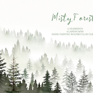 watercolor misty forest tree clipart,woodland pine trees Landscapes,Wedding invitation PNG