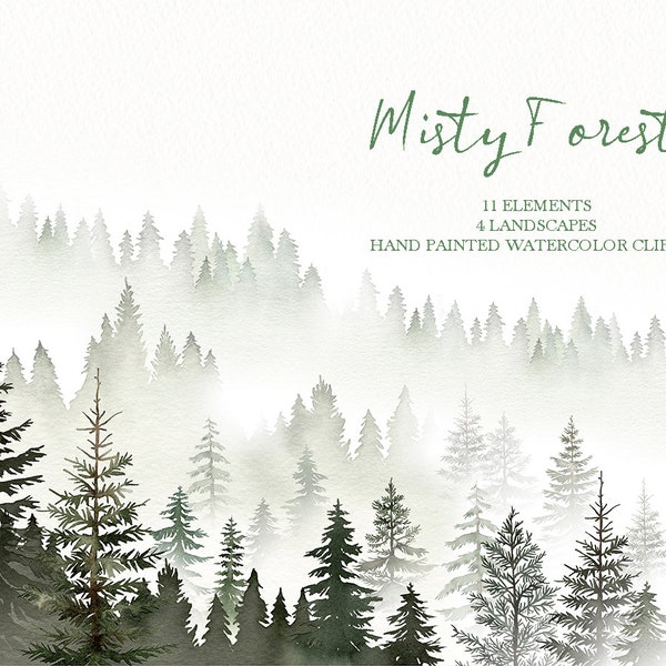 watercolor misty forest tree clipart,woodland pine trees Landscapes,Wedding invitation PNG