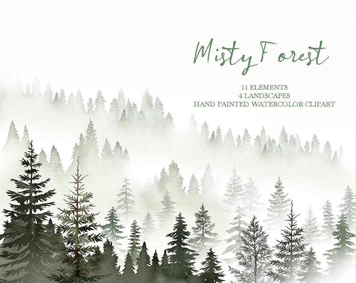 watercolor misty forest tree clipart,woodland pine trees Landscapes,Wedding invitation PNG,original hand painted