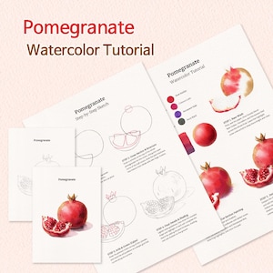 Op de afbeelding: Een granaatappel aquarel tutorial gids met stapsgewijze schetsen, kleurstalen en voltooide illustraties van granaatappels. De instructiebladen bevatten tekst met details over technieken voor schetsen, basiswassen en schaduwen met rode tinten.