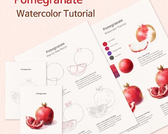 May include: A Pomegranate Watercolour Tutorial guide featuring step-by-step sketches and painting instructions. The pages display line drawings of pomegranates, colour swatches, and finished watercolour illustrations in shades of red and pink.