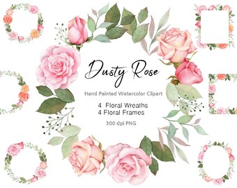 May include: Dusty Rose watercolor clipart set featuring four floral wreaths and four floral frames with dusty pink roses, green leaves, and white backgrounds.  Hand painted watercolor clipart.