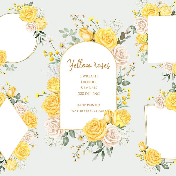 watercolor gold geometric frame,yellow rose Floral arrangements,Wedding Clipart,Wedding Invitation png