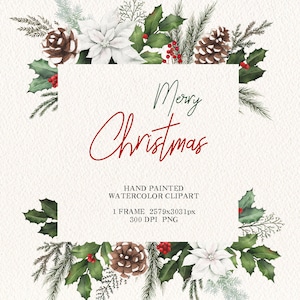 Aquarell Weihnachtsclipart.floraler Rahmen, Neujahr grüne Rahmen, Stechpalmenblätter.Weihnachtsgrün PNG, original handgemalt