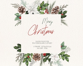 Watercolor Christmas clipart.floral Frame,New year green frames,holly leaves.Christmas greenery PNG