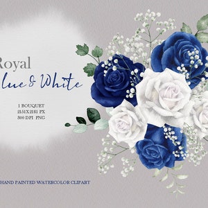 aquarel boho bloemen clipart, blauwe rozen en witte anjer boeket, origineel handgeschilderd