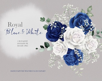 watercolor boho floral clipart,blue roses and white carnation bouquet,original hand painted