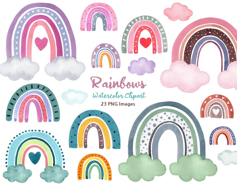 May include: A set of 23 watercolour rainbow clipart images. The rainbows are in various colours and patterns, including pink, purple, blue, green, and yellow. Some rainbows have hearts, clouds, and polka dots. The text "Rainbows Watercolor Clipart 23 PNG Images" is at the bottom of the image.