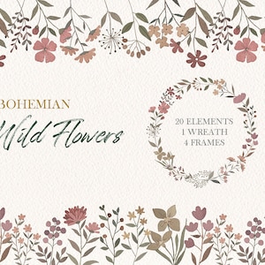 Clipart floral bohème aquarelle, couronne de fleurs sauvages et cadres, feuille séchée bohème, original peint à la main