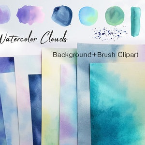 May include: Watercolor cloud backgrounds and brush strokes in shades of blue, purple, green, and yellow. The text "Watercolor Clouds Background + Brush Clipart" is at the top of the image.