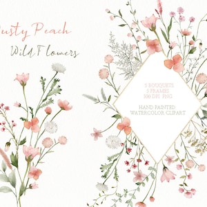 Watercolor wildflower floral clipart,dusty peach spring flowers bouquet,wedding invitation frame