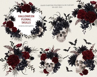 May include: Ten watercolor illustrations of floral skull bouquets with black and red flowers, leaves, and bats.  Halloween Floral Skulls.