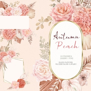Pfirsich Blume Clipart, Aquarell Herbst Blumen Hortensie, Pfirsich Rahmen, original handgemalt