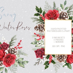 aquarela inverno buquê de natal clipart, quadros de neve, pinhas, florais, folhas de eucalipto, original pintado à mão