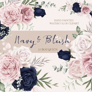 Clipart de rosa marinho e blush, buquês de flores boho em aquarela, folhas secas boho PNG, original pintado à mão