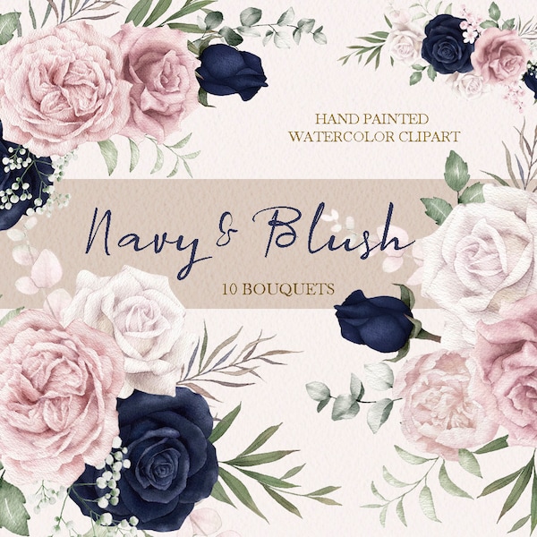 Navy and Blush rose clipart,Watercolor boho flower bouquets,Bohemian dried leaf PNG