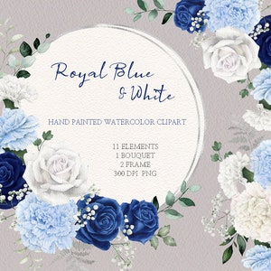 clipart floreale boho acquerello, cornice di rose blu e garofano, verde per matrimonio, elementi fai da te PNG, dipinto a mano originale