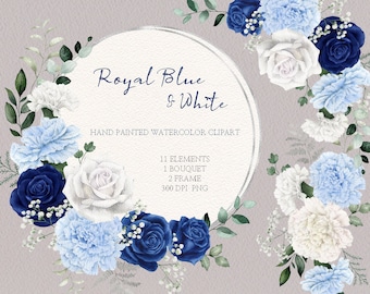 Aquarell-Boho-Blumen-Clipart, blauer Rosenrahmen und Nelke, Hochzeitsgrün, DIY-Elemente (PNG), handgemalt