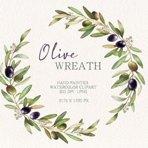 Aquarell Clipart,Olivenzweige,Hochzeitseinladungen,Hochzeitseinladungen,Hochzeitsdekor,Olivenkranz,Kostenlose kommerzielle Nutzung Bild 1